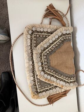 Beaded Fringe Crossbody Bag in Natural Tan